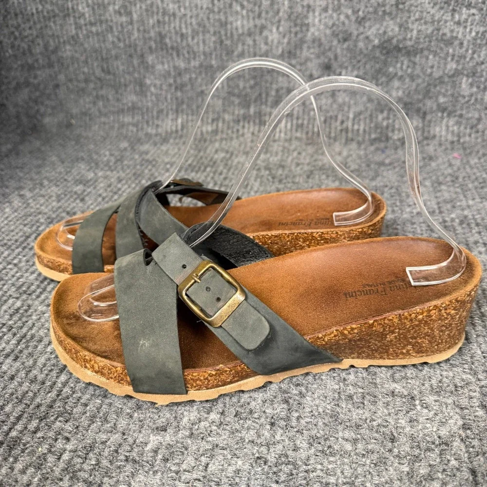Cristina Francini Italian Leather Wedge Sandals Womens 8.5 Dark Grey Cork Slide